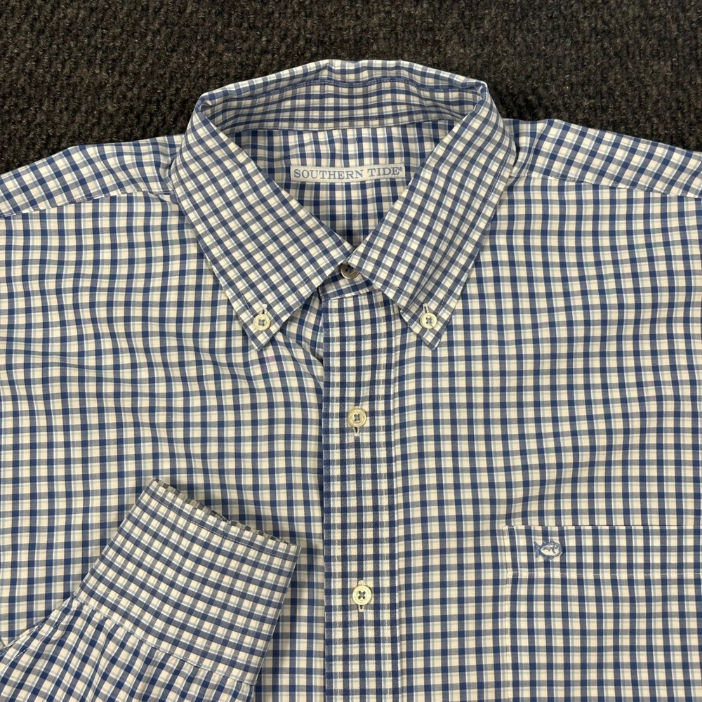 Southern Tide Gingham Sport Shirt Mens XL Blue Button Down Stretch Long Sleeve